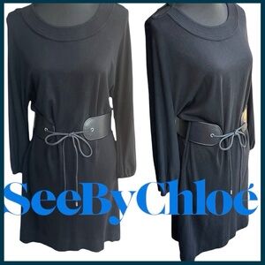 See by Chloe Black Fine Knit Scoop Neck Belted Long Sleeve Dress (6)